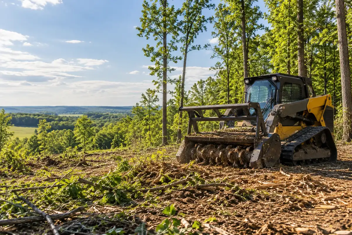 Forestry mulching tracked equipment in an Ohio woodland with fresh chips