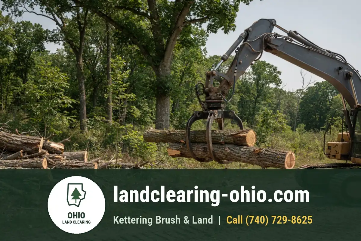 Tree Clearing and Removal for Land Clearing Projects in Ohio Excavator moving cut logs during tree clearing